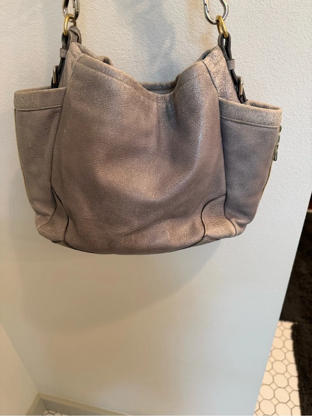 Prada Metallic Gray Cervo Lux Leather Hobo Shoulder Bag with COA